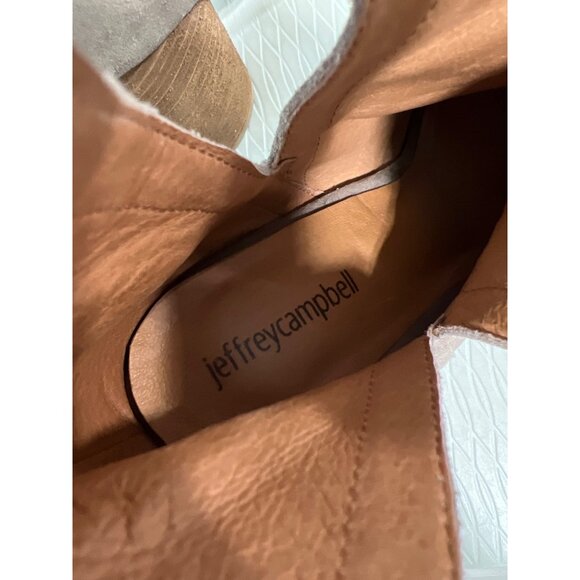 Jeffrey Campbell Oath Peep Toe Bootie Women 10 Stacked Heels Tan Bohemian Modern - Picture 8 of 10